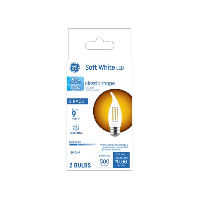 GE Basic LED 60 Watt Replacement, Soft White, CA11 Deco - Candle Bulbs (2 Pack)