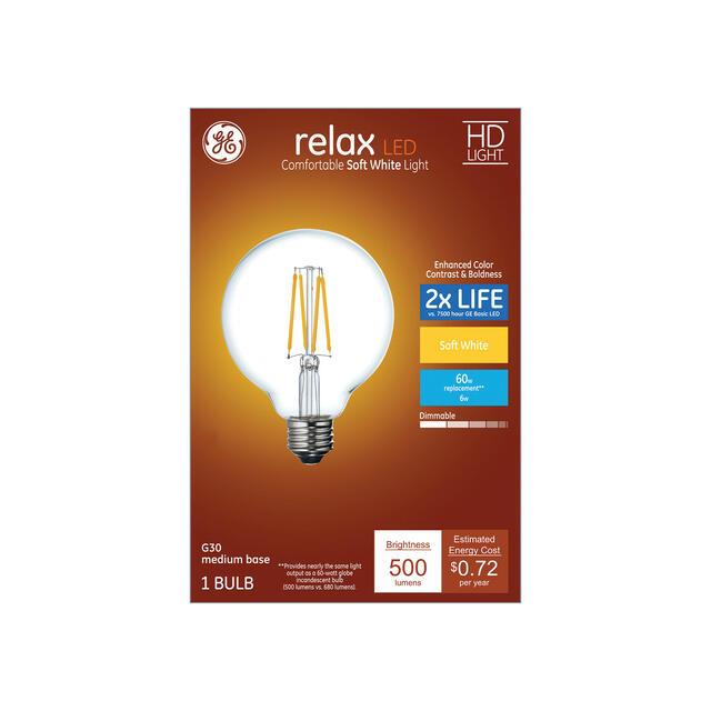 GE Relax HD G30 LED Light Bulb, Vanity Globe Light, 60 Watt Replacement, Soft White