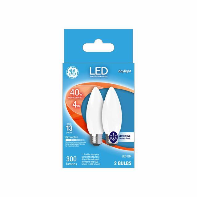 GE LED Light Bulbs, B11 Decorative Candle Bulbs, 40 Watt Replacement, Daylight (2 Pack)