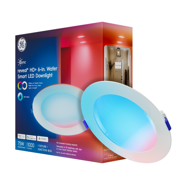 GE Cync reveal® Smart LED Wafer Downlight, Color Changing WiFi Light, Matter Compatible, Works with Alexa and Google Home, 6in