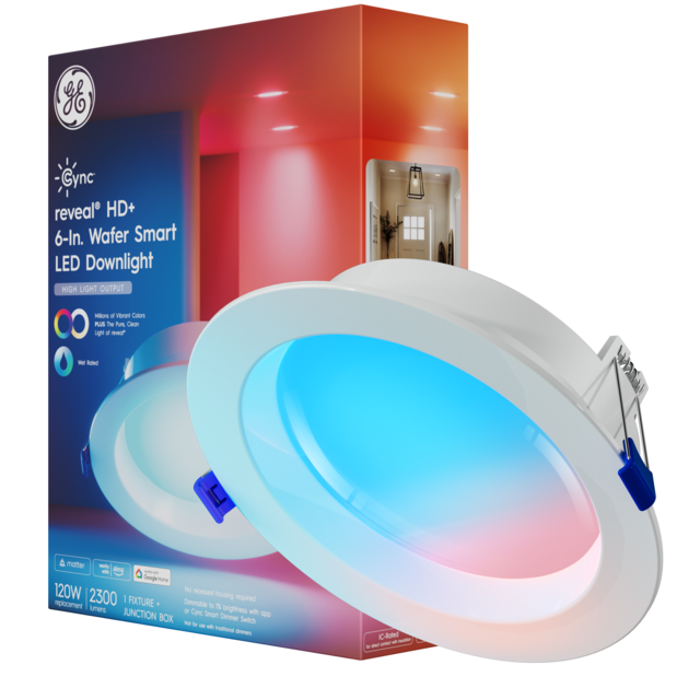 GE Cync reveal® Smart LED Wafer Downlight, Color Changing WiFi Light, Matter Compatible, Works with Alexa and Google Home, 6in